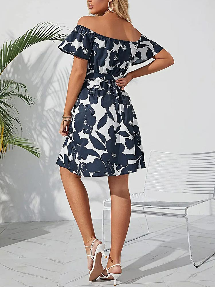 Women's Off Shoulder Ruffle Floral Wedding Guest Dresses A Line Shift Short Dress