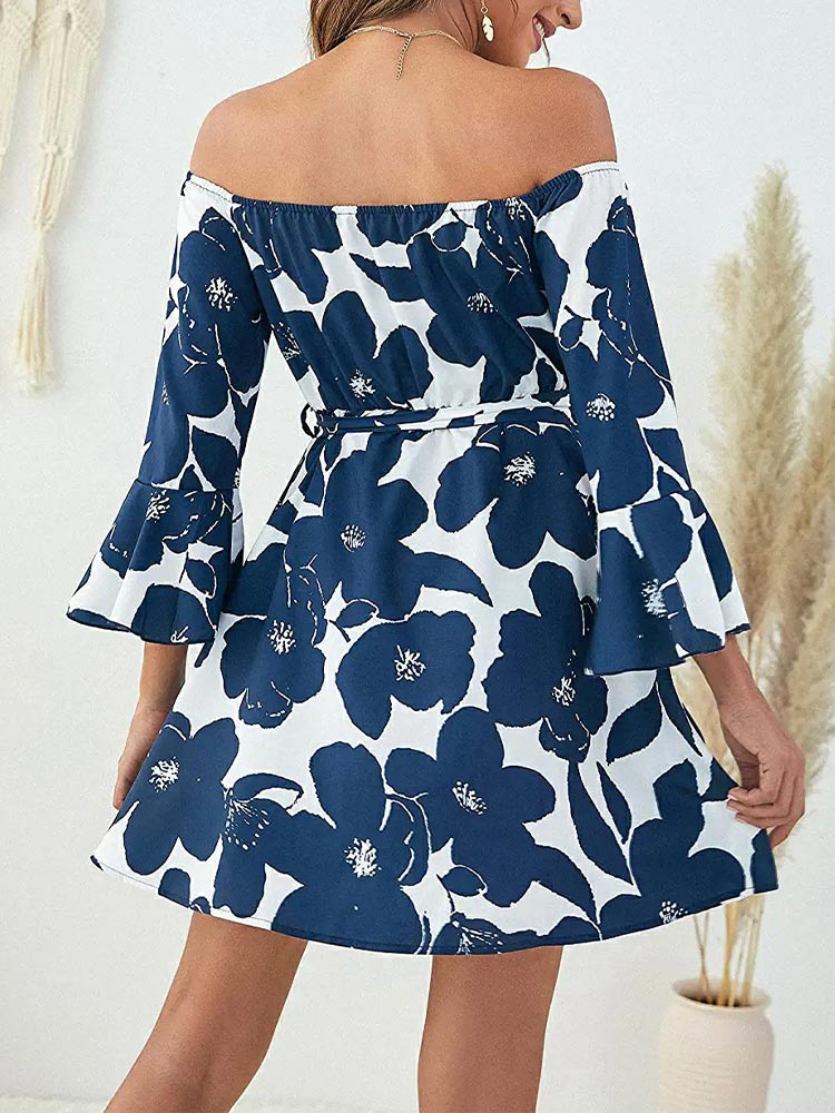 Women's Off Shoulder Ruffle Floral Wedding Guest Dresses A Line Shift Short Dress