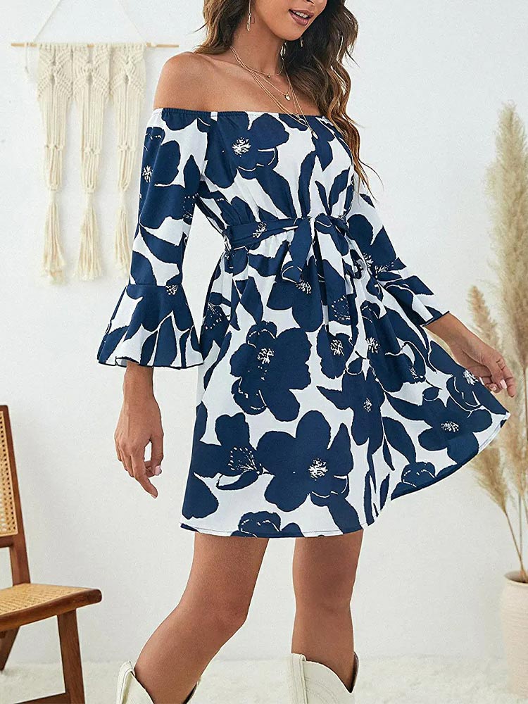 Women's Off Shoulder Ruffle Floral Wedding Guest Dresses A Line Shift Short Dress