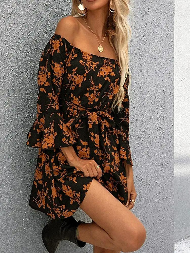 Women's Off Shoulder Ruffle Floral Wedding Guest Dresses A Line Shift Short Dress