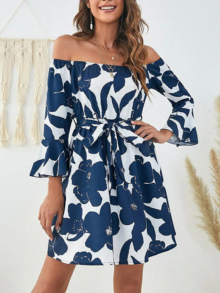 Women's Off Shoulder Ruffle Floral Wedding Guest Dresses A Line Shift Short Dress