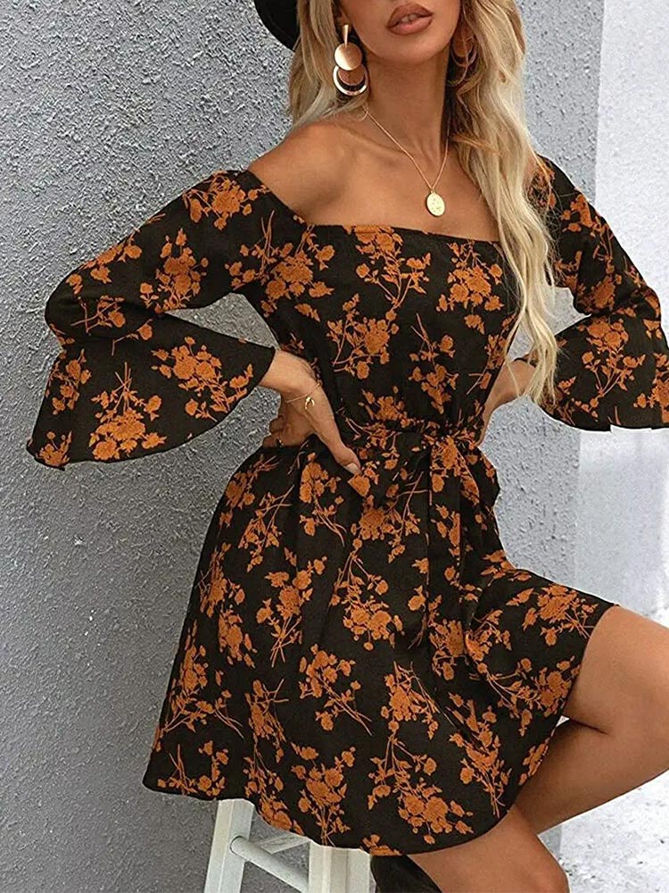 Women's Off Shoulder Ruffle Floral Wedding Guest Dresses A Line Shift Short Dress