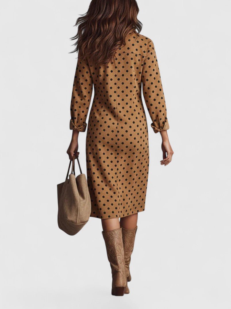 Brown Collared Polka Dot Long Sleeve Button-Front Suede Midi Shirt Dress