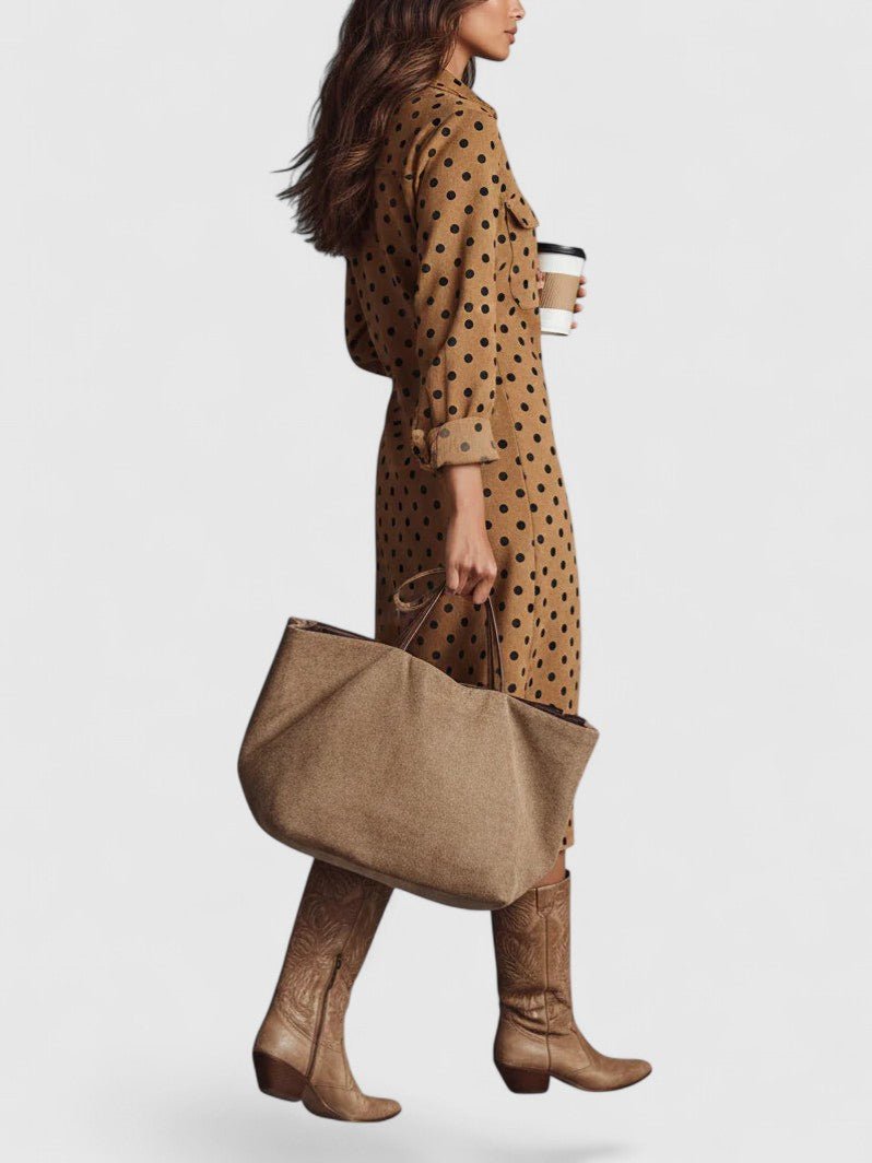 Brown Collared Polka Dot Long Sleeve Button-Front Suede Midi Shirt Dress