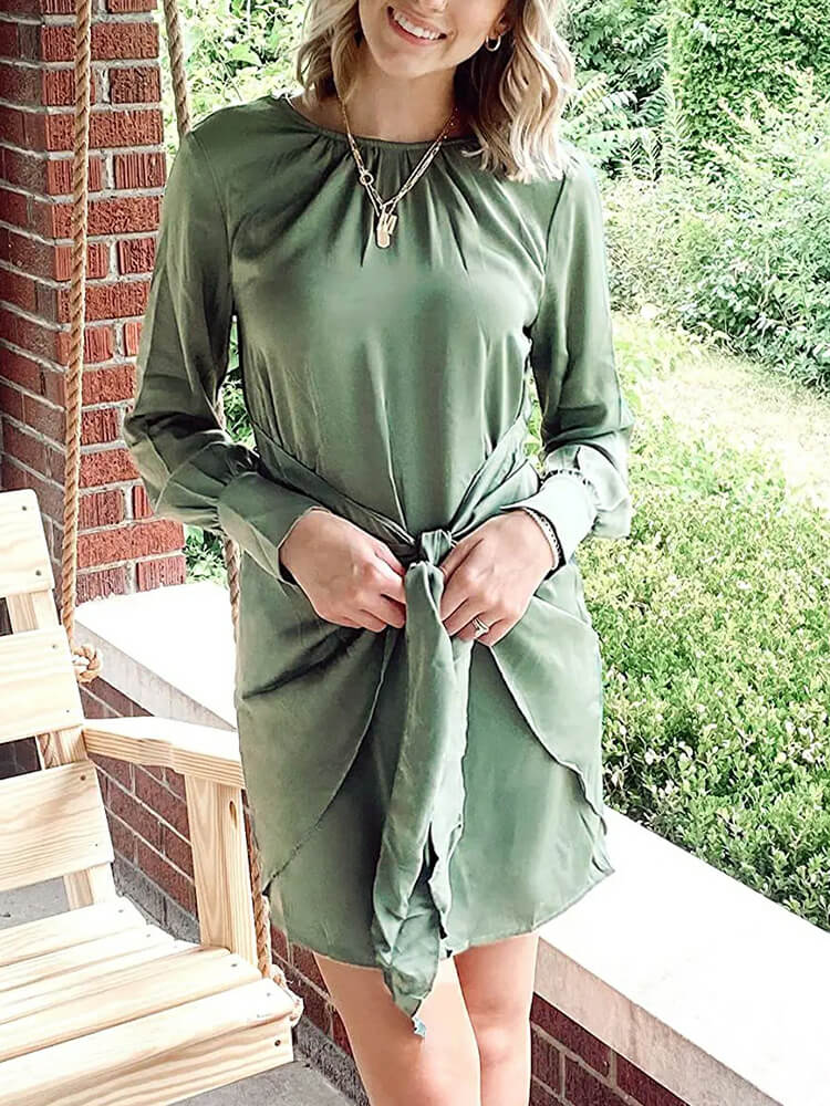 Women's Satin Long Sleeve Crewneck Elastic Tie Waist Elegant Cocktail Party Mini Dress