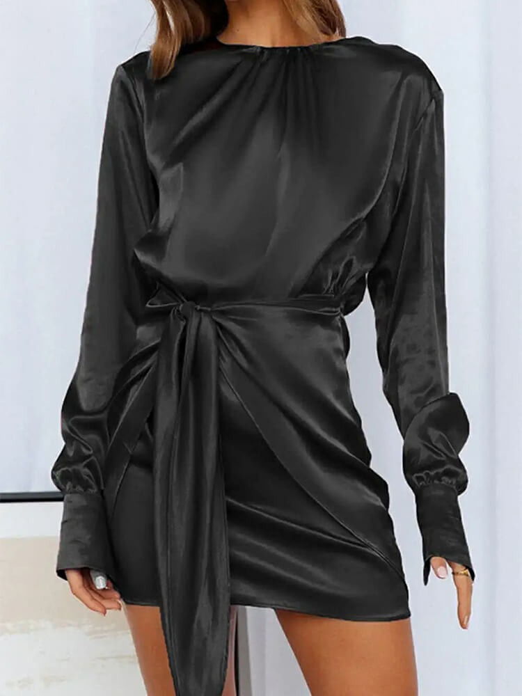 Women's Satin Long Sleeve Crewneck Elastic Tie Waist Elegant Cocktail Party Mini Dress