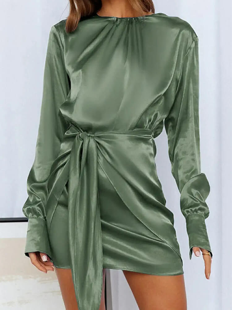 Women's Satin Long Sleeve Crewneck Elastic Tie Waist Elegant Cocktail Party Mini Dress