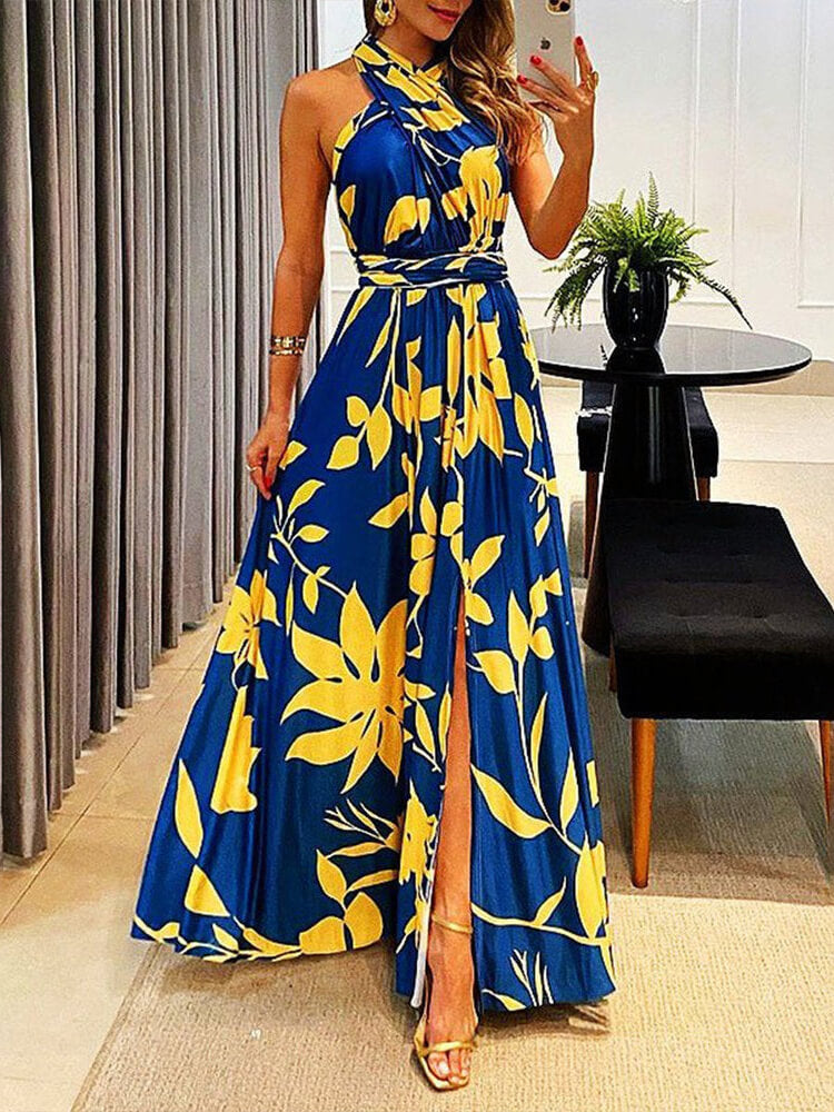 Women's Summer Sweet Striped Halter Neck High Waist Slit Maxi Dress