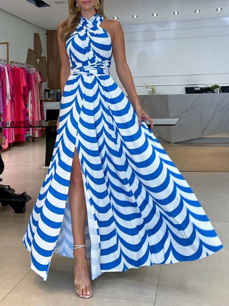 Women's Summer Sweet Striped Halter Neck High Waist Slit Maxi Dress