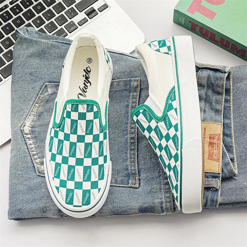 Womens Canvas Multicolor Checkerboard Design SlipOn Flats Summer Fashion Skateboard
