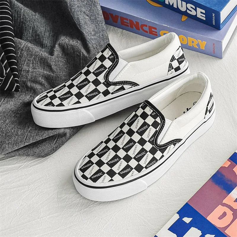 Womens Canvas Multicolor Checkerboard Design SlipOn Flats Summer Fashion Skateboard