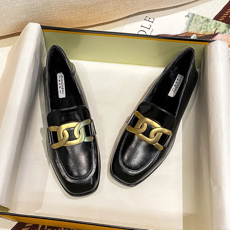 Black Fur Square Toe AllMatch Leather Fall Casual Derby Oxfords Loafers