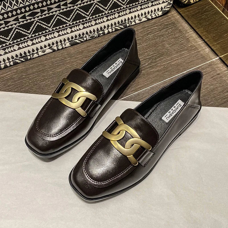 Black Fur Square Toe AllMatch Leather Fall Casual Derby Oxfords Loafers
