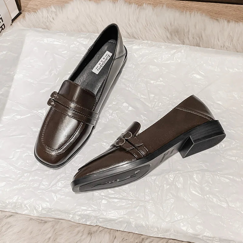 Black Fur Square Toe AllMatch Leather Fall Casual Derby Oxfords Loafers