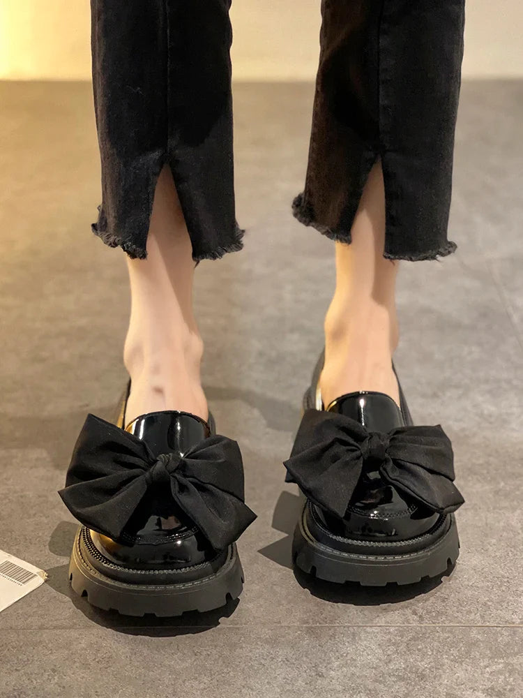Fur Round Toe Platform Retro Leather Casual BowKnot AllMatch Derby Loafers