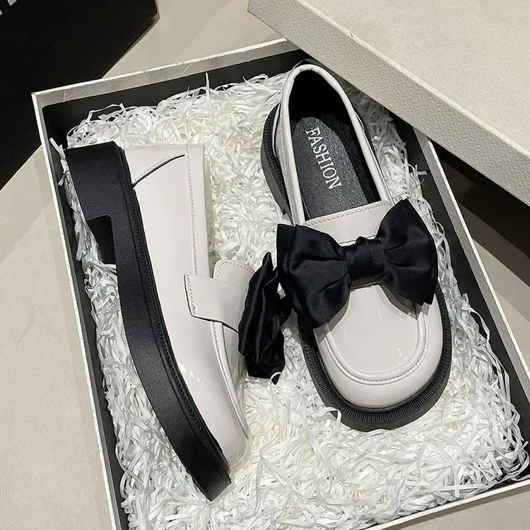 Fur Round Toe Platform Retro Leather Casual BowKnot AllMatch Derby Loafers