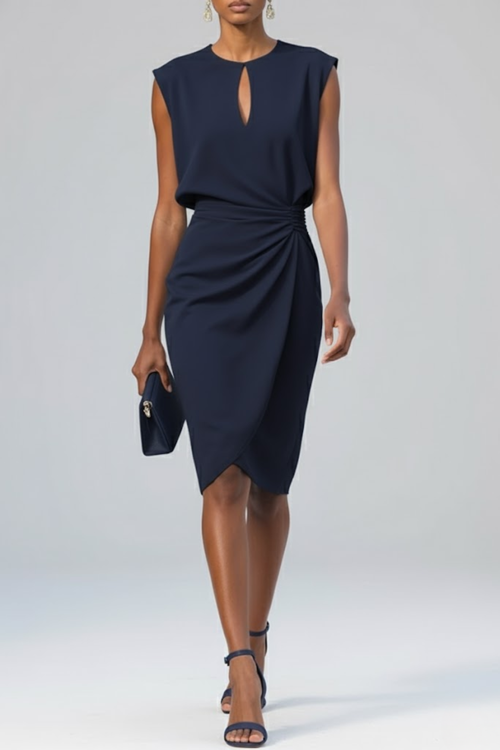 Keyhole Neck Sleeveless Ruched Waist Draped Sheath Midi Dress 2
