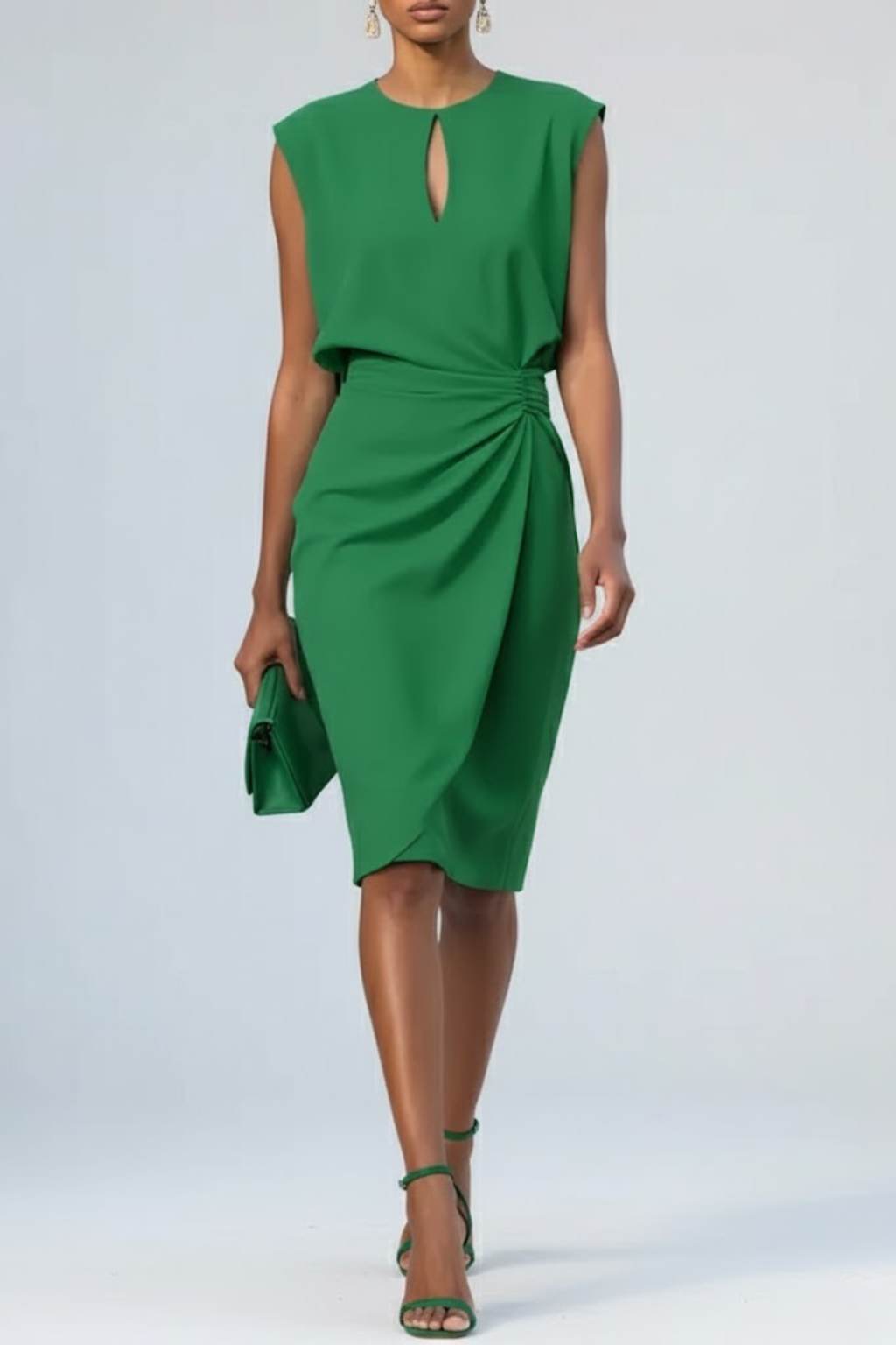 Keyhole Neck Sleeveless Ruched Waist Draped Sheath Midi Dress 5