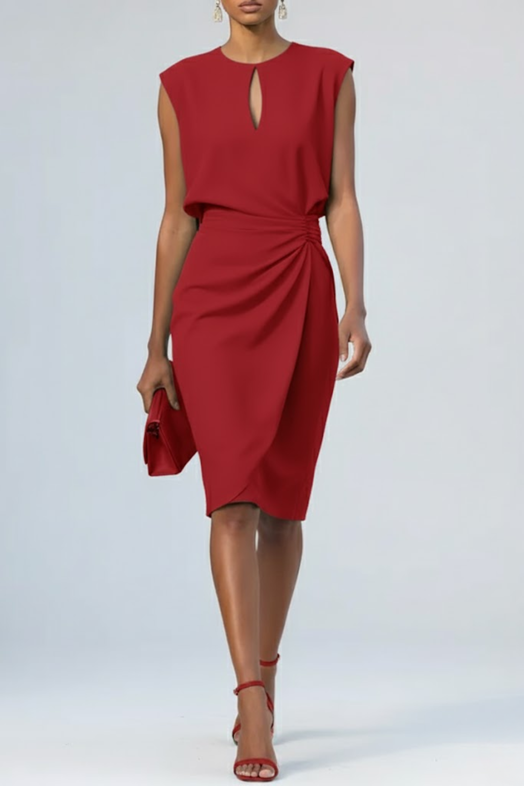 Keyhole Neck Sleeveless Ruched Waist Draped Sheath Midi Dress 6