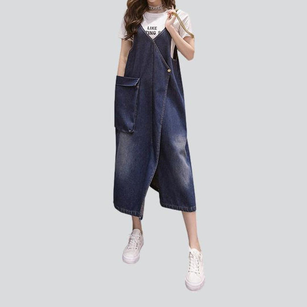 Dark Blue Strap Asymmetric Pocket Denim Pinafore Midi Dress