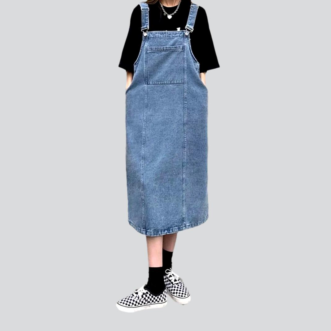 Denim Overall Suspender Pocket Pinafore A-Line Midi Dress