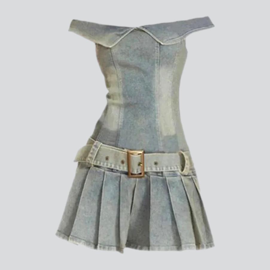 Blue Off-Shoulder Foldover Denim Belted Pleated Mini Dress