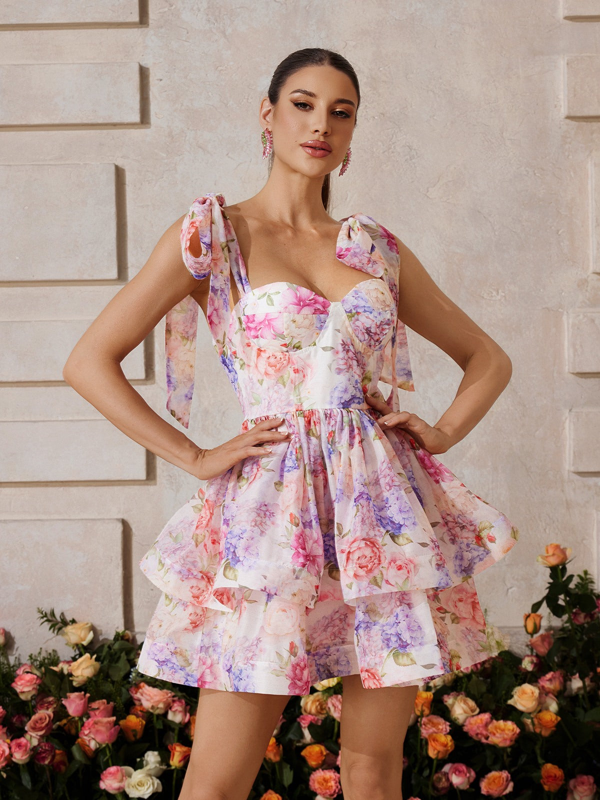 Sleeveless Floral Ruffle Mini Dress In Pink