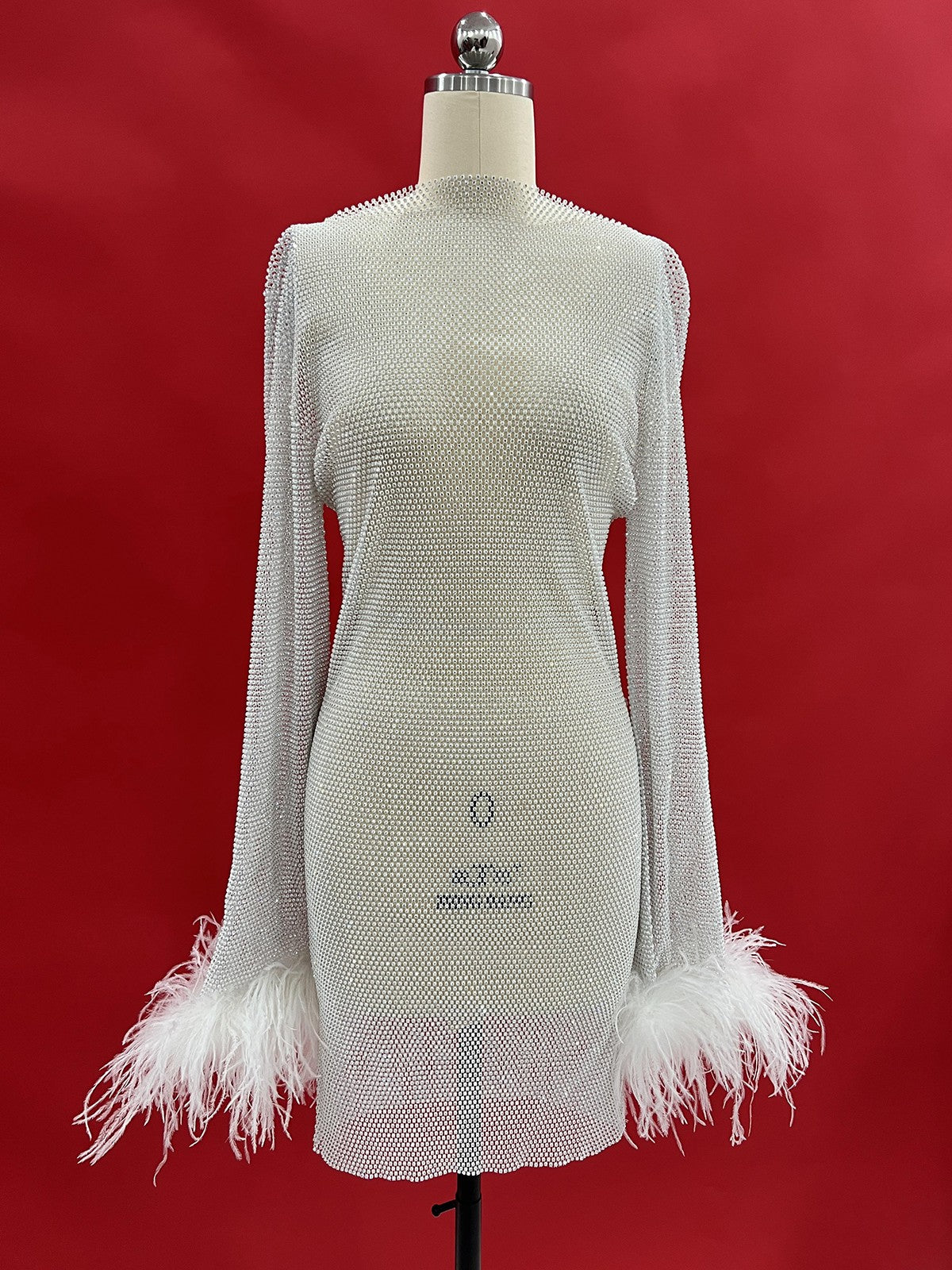 Rhinestone Mesh Feather Cuff Long Sleeve Bodycon Mini Dress