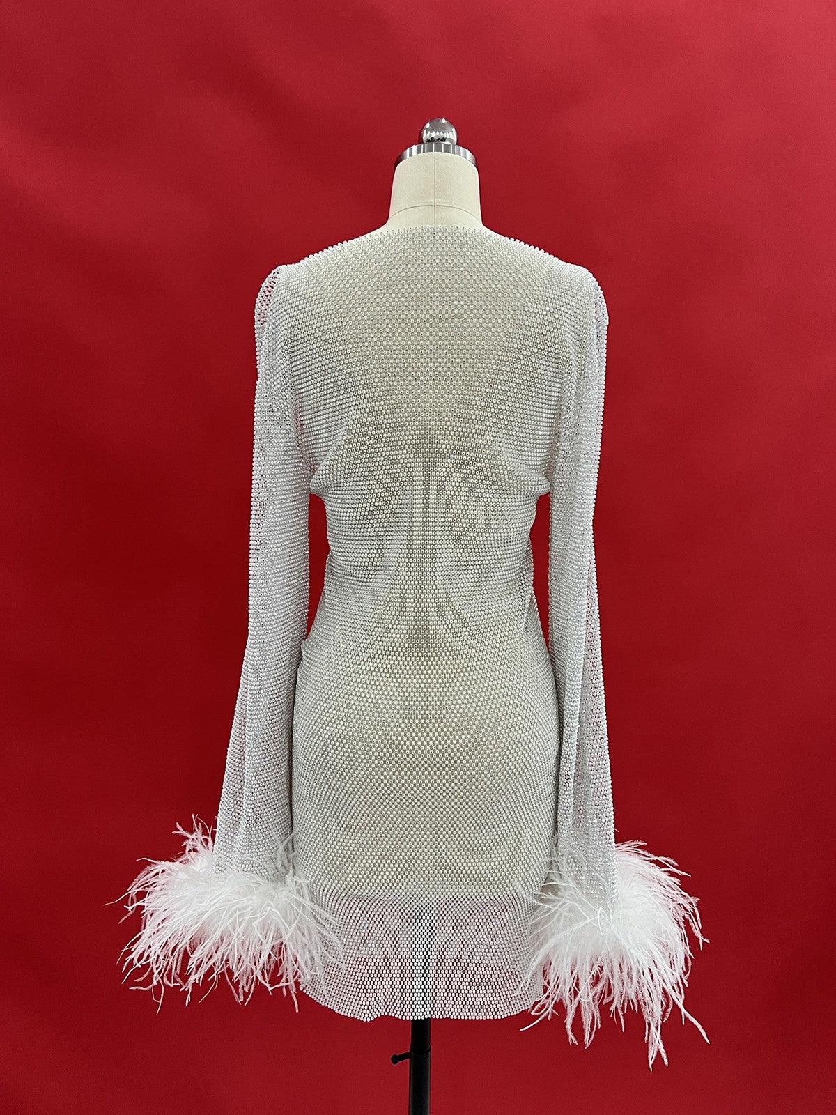 Rhinestone Mesh Mini Dress In White
