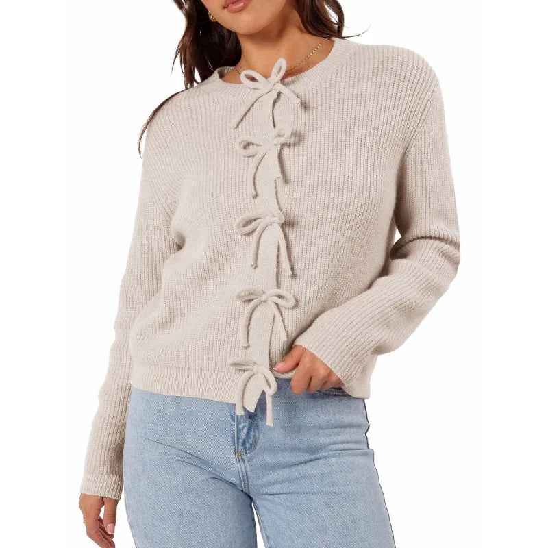 Y2K Bow Front Round Neck Cardigan Beige / S Cardigan-241208