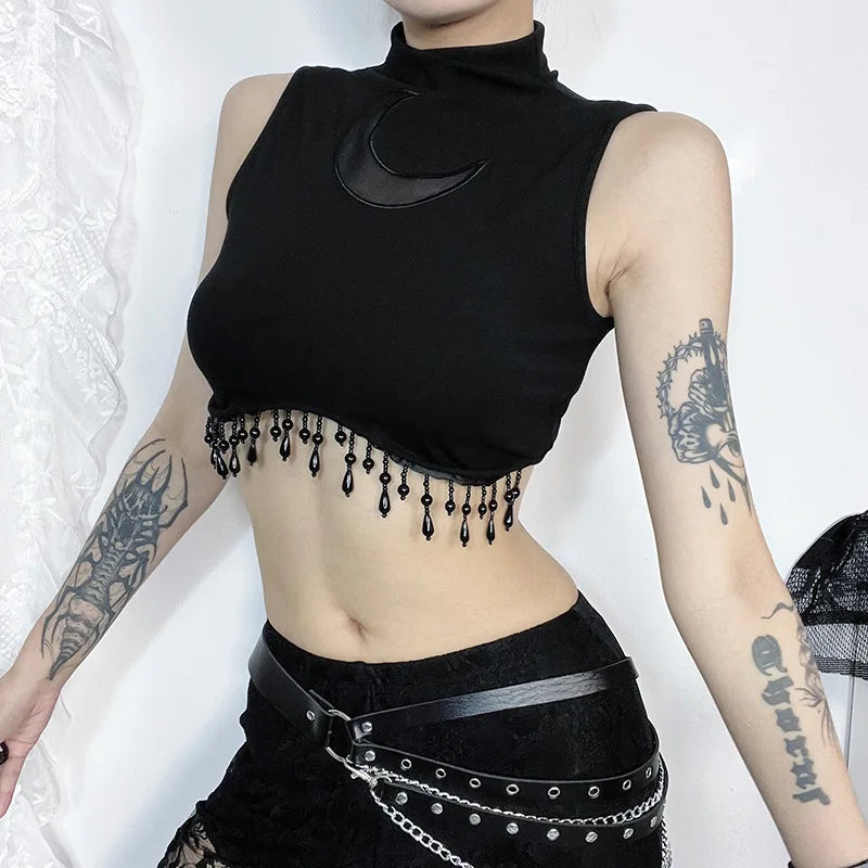 Y2K Goth Moon Lace See Through Vintage Sexy High Collar Sleeveless Tassels Crop Top