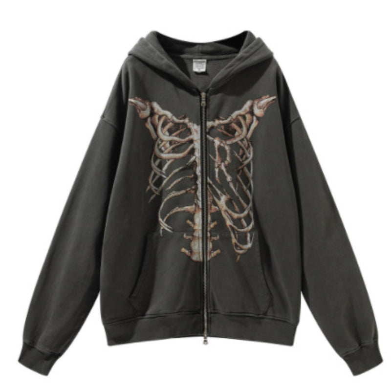 Gothic Punk Skeleton Print Hoody Jacket Dark Grey / M