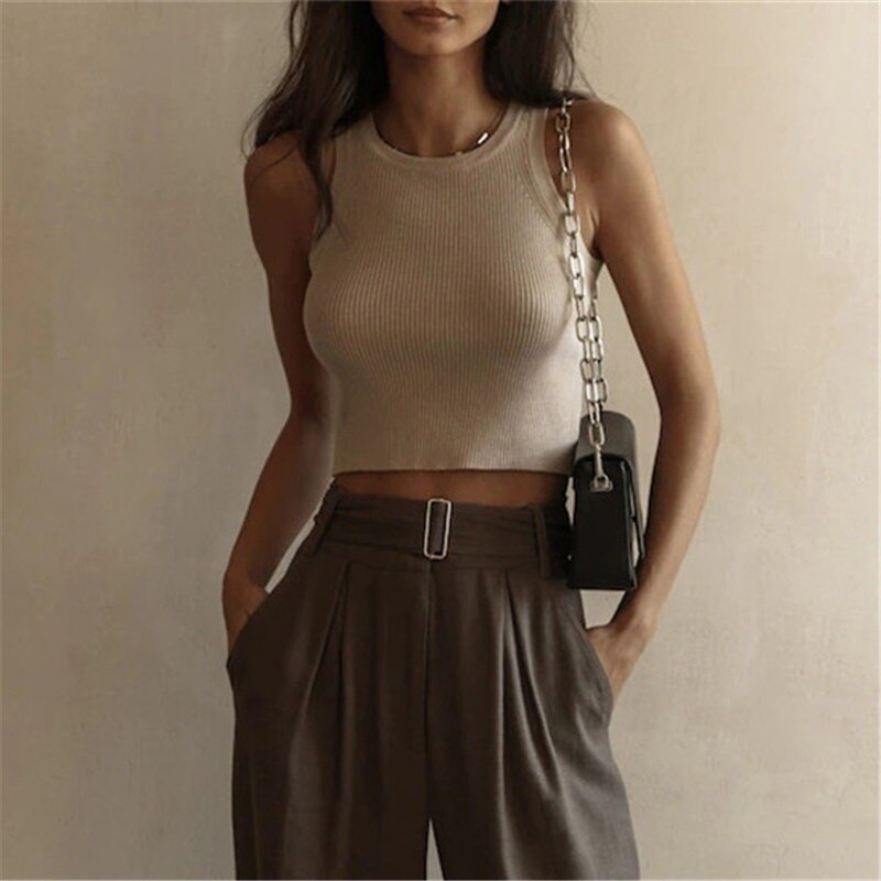 Y2K Sleeveless Knitted Crop Tops Khaki / S
