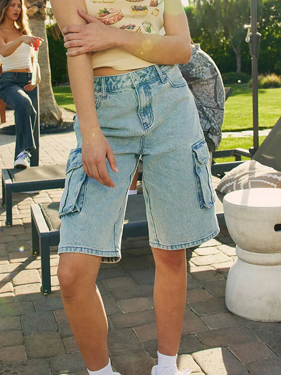 Loose Cargo Wide-Leg Denim Short SKY BLUE / S short-250223