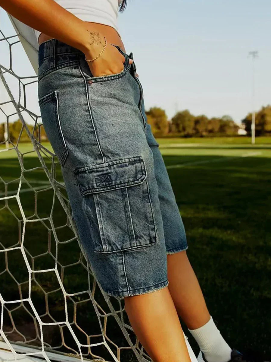 Loose Cargo Wide-Leg Denim Short