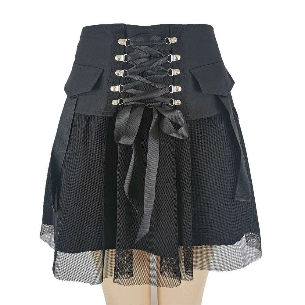 Y2k Vintage Dark Straps Female Style Ladies Harajuku Mesh Summer Streetwear Black Sexy High Waist ALine Skirt