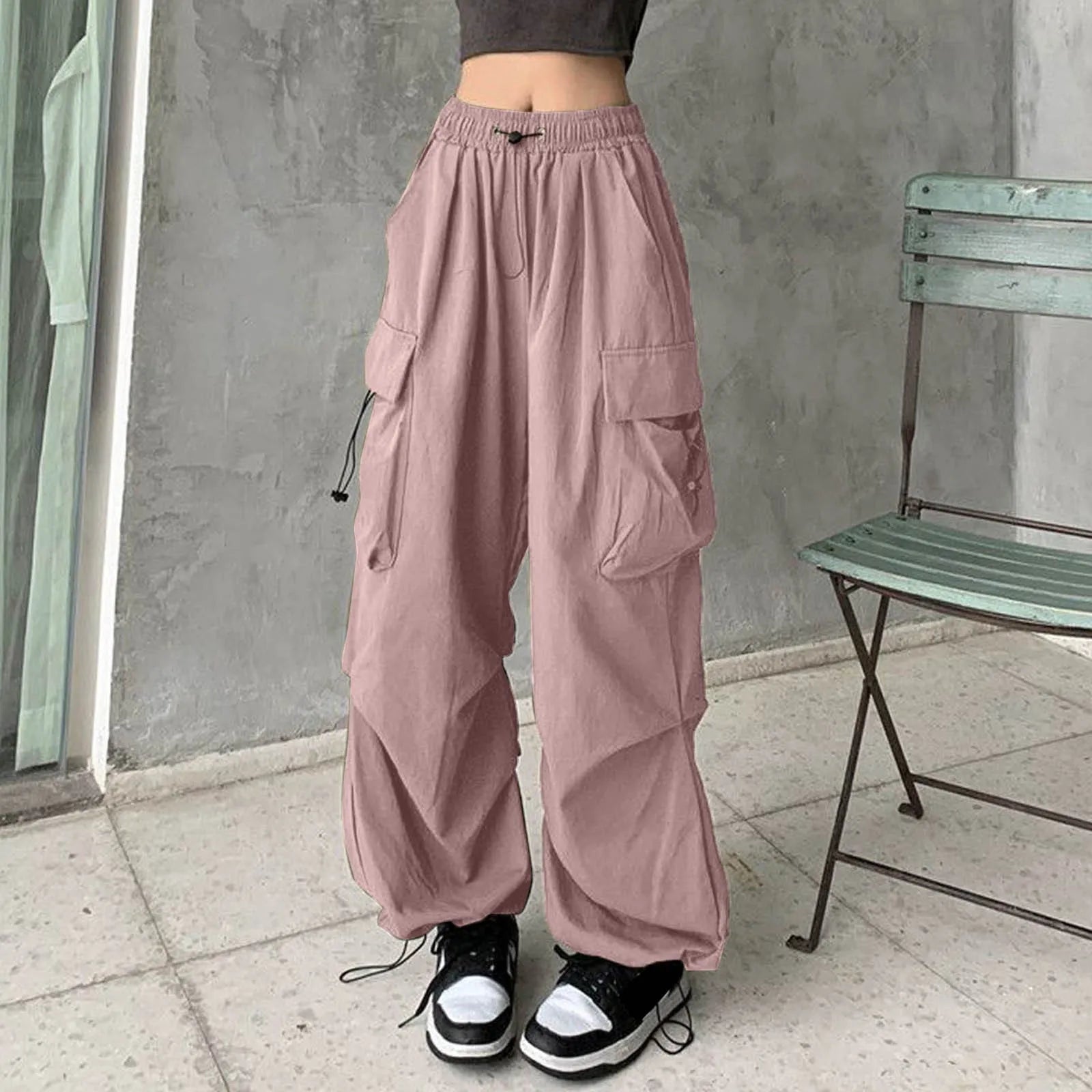 Y2K Cargo Drawstring Pleated Wide Pants red 3 / S