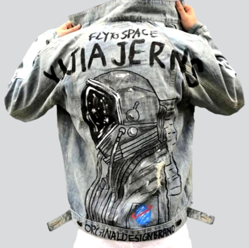 Light Blue Hand Painted Astronaut Graphic Distressed Denim Trucker Jacket