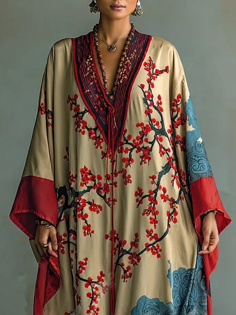 Red V-Neck Blossom Print Batwing Sleeve Satin Kaftan Maxi Dress