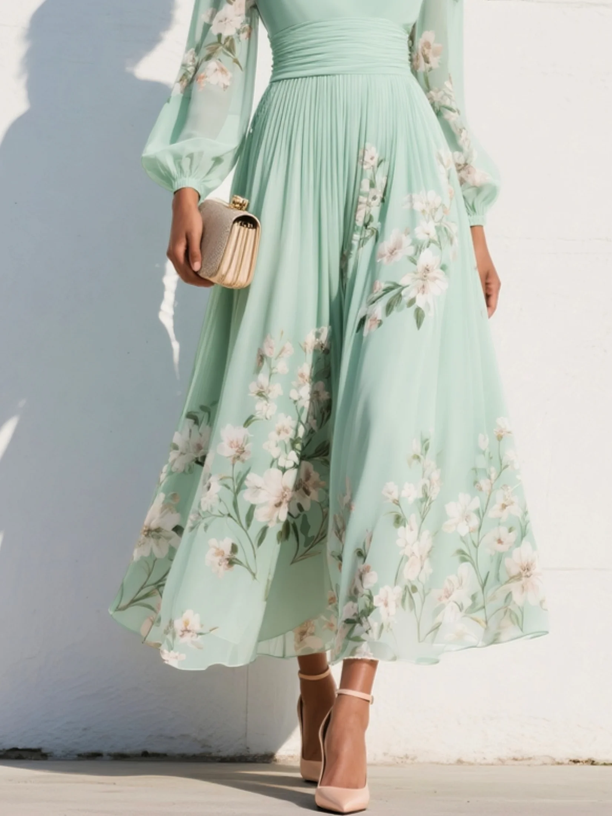 Green V-Neck Long Sleeve Ruched Waist Floral Pleated A-Line Midi Dress 5