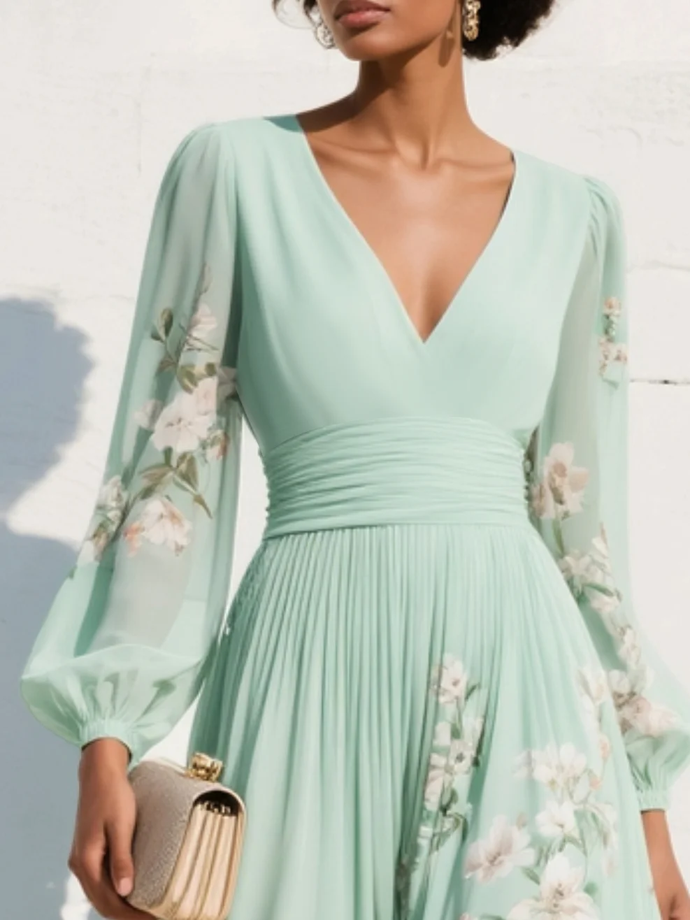 Green V-Neck Long Sleeve Ruched Waist Floral Pleated A-Line Midi Dress 4
