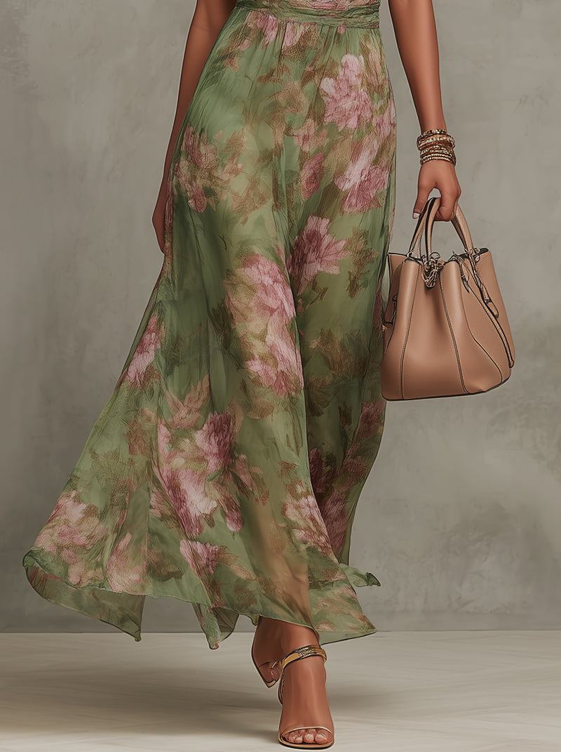 Halter Neck Floral Chiffon Flowy A-Line Maxi Dress 6