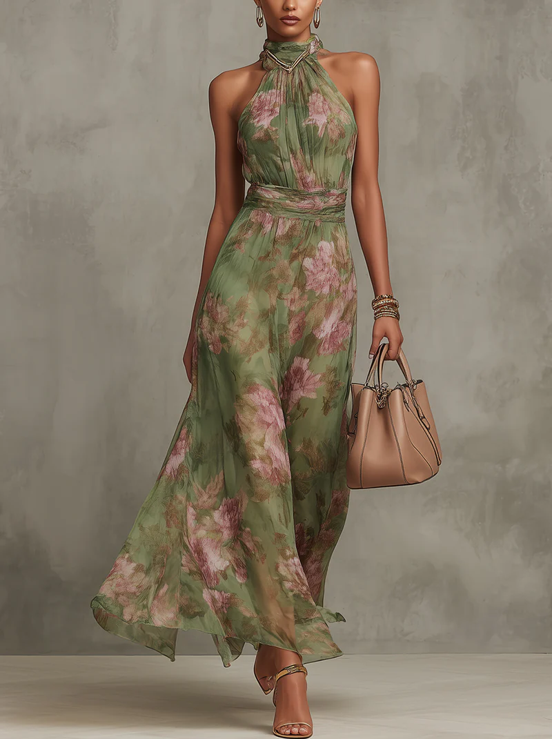 Green Floral Halter Neck Floral Chiffon Ruched Waist Maxi Dress