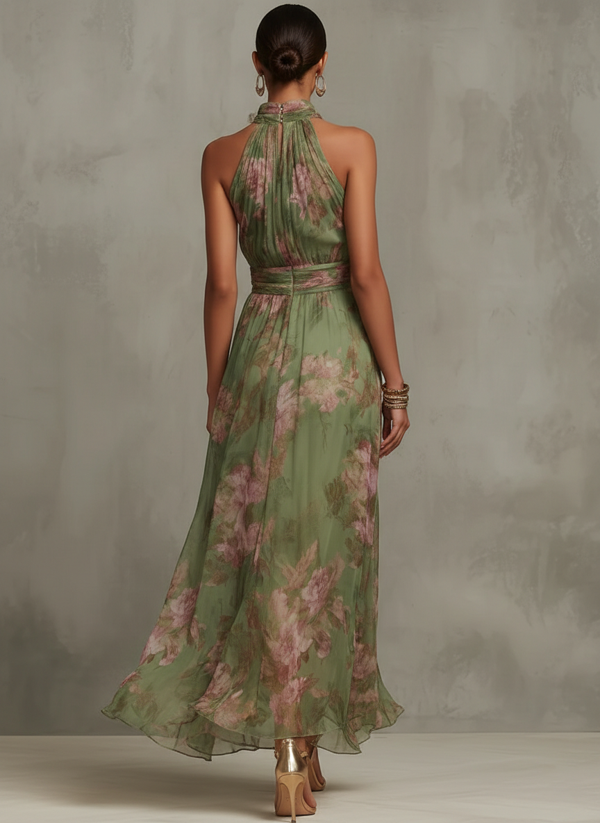 Green Halter Neck Floral Chiffon Ruched Flowing A-Line Maxi Dress