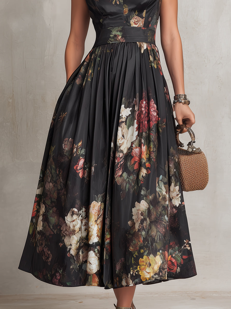 Black Stand Collar Keyhole Floral Satin Pleated A-Line Midi Dress 5