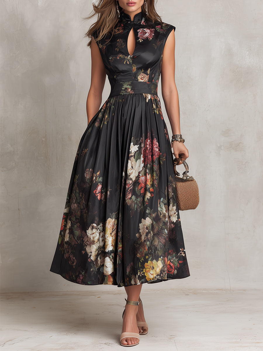 Mandarin Collar Keyhole Floral Pleated A-Line Midi Dress