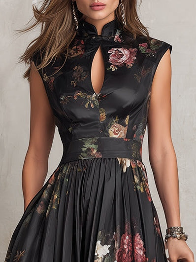 Black Stand Collar Keyhole Floral Sleeveless Satin Pleated A-Line Midi Dress
