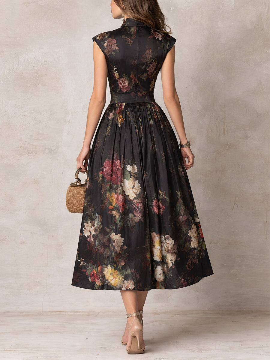 Black Stand Collar Keyhole Floral Satin Pleated A-Line Midi Dress 2