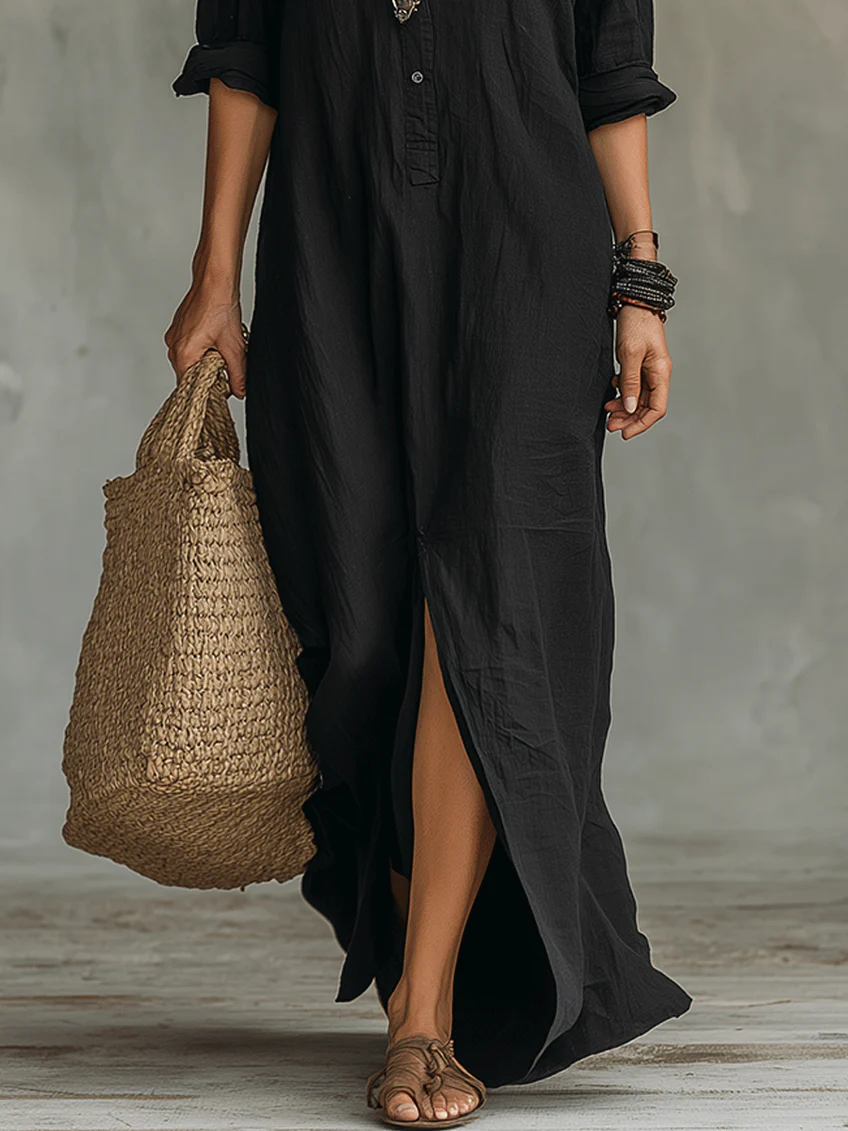 Collared Button Placket Long Sleeve Linen Side Slit Shirt Maxi Dress