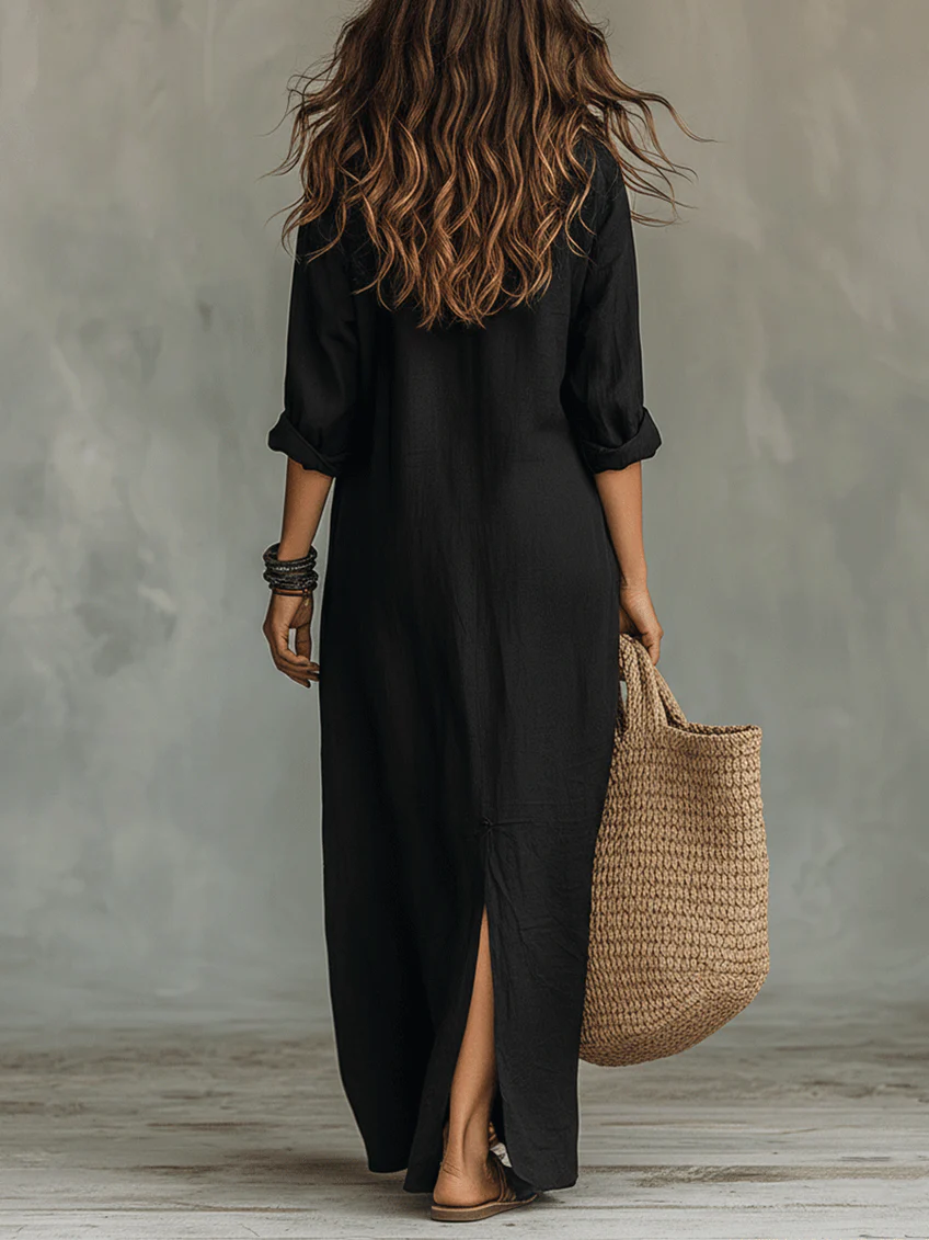 Collared Button Front Long Sleeve Linen High Slit Shirt Maxi Dress 5